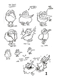 Retro British animation character sketches of the birds
