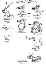 Sketches of assorted wobbly extras from Roobarb and Custard's garden