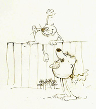 Sketch for the typical Roobarb and Custard animated exchanges around the garden fence